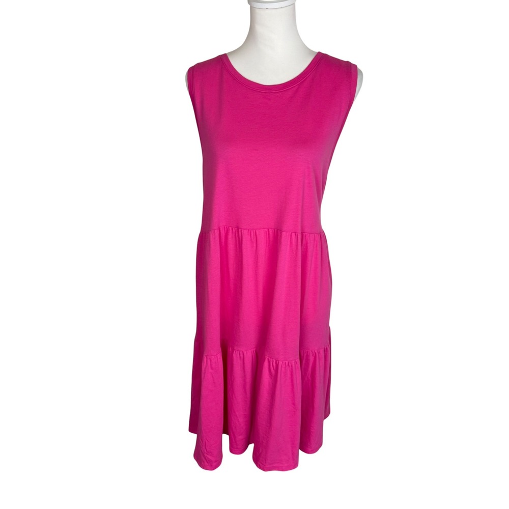 J.Crew Pink Tiered Sleeveless Knit Midi Dress XL Crew Neck Cotton Jersey Relaxed
